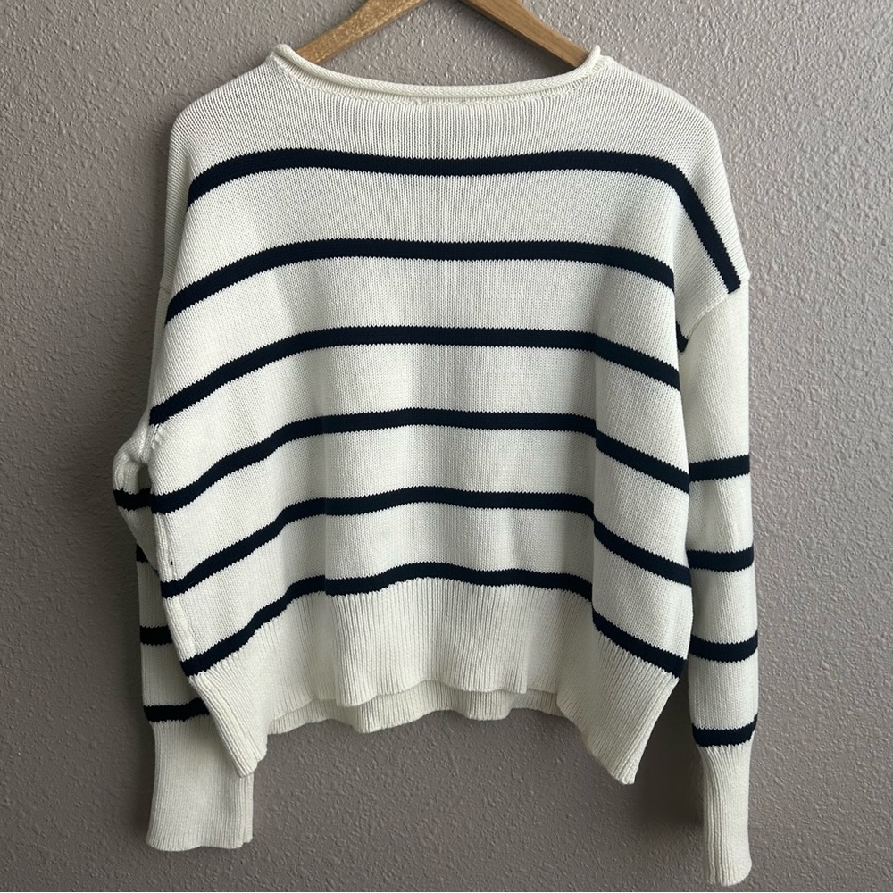 Cece Cream Navy Striped Oversized Pullover‎ Long Sleeve Cotton Crew Neck Sweater - Picture 2 of 7